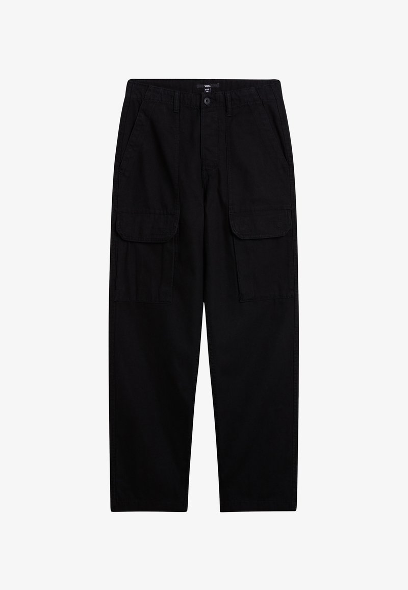 Zwarte cargobroek van katoen met een relaxte pasvorm, voorzien van twee grote zijzakken en een knoopsluiting bij de taille.