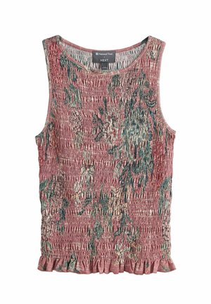 Ärmelloses, rosa florales, strukturiertes Oberteil mit gerafftem Stoff und Volant-Saum, innen am Ausschnitt mit einem National Trust x NEXT Etikett versehen.