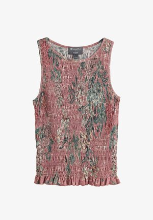 Sleeveless pink floral textured top with smocked fabric and ruffled hem, featuring a National Trust x NEXT label inside the neckline.