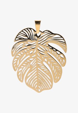 Zlatý přívěsek ve tvaru listu Monstera s propracovanými výřezy a obdélníkovým očkem pro řetízek.