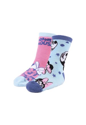 Deux paires de chaussettes de cheville : une rose avec le texte "Minnie Mouse" et un design floral ; l'autre bleu clair avec des personnages de dessin animé et des étoiles.