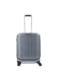 Silberner Hartschalenkoffer mit vertikalen Rillen, ausziehbarem Griff und vier Rollen. Metallische Oberfläche mit robuster Textur und abgerundeten Kanten.