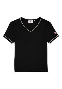 Musta lyhythihainen T-paita V-kaula-aukolla, valkoisella reunuksella kaula-aukossa ja hihoissa, jossa on logo-patch vasemmassa hihassa.