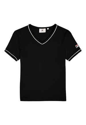 Musta lyhythihainen T-paita V-kaula-aukolla, valkoisella reunuksella kaula-aukossa ja hihoissa, jossa on logo-patch vasemmassa hihassa.