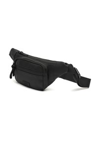 Borsa vita nera con tracolla regolabile, due scomparti con zip e un piccolo logo in rilievo sulla tasca frontale.