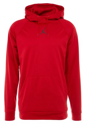 Rode hoodie met lange mouwen, voorvak in kangaroestijl en zwart Jumpman-logo gecentreerd onder het trekkoord van de capuchon.