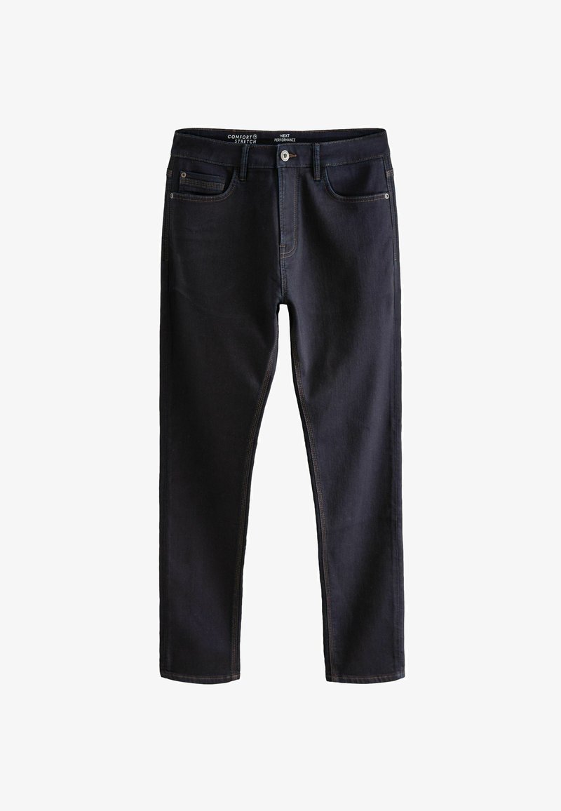 Tumedast sinisest denimist teksad mugava venitusdisainiga, millel on standardne vöökoht, viis taskut ja kontrastsetest õmblustest detailid.