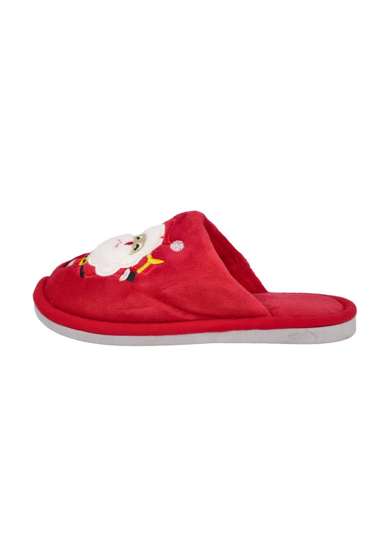 Zapatilla de felpa roja con un diseño redondeado, que presenta una cara de Santa blanca en la parte superior y una suela exterior gris. Textura suave y estilo informal.