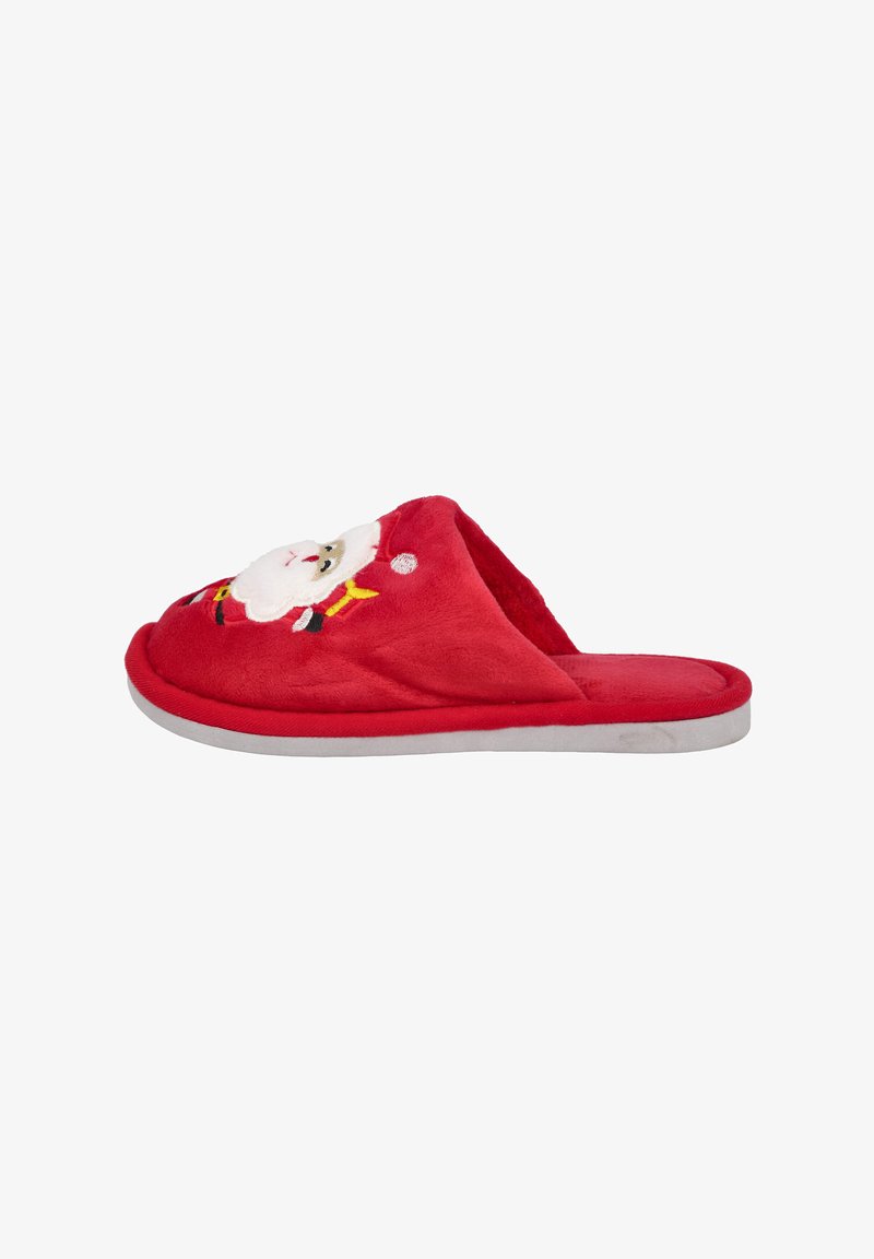 Zapatilla de felpa roja con un diseño redondeado, que presenta una cara de Santa blanca en la parte superior y una suela exterior gris. Textura suave y estilo informal.