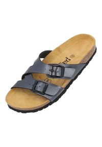 Sandale glissante en cuir noir avec deux boucles réglables, semelle en liège et semelle intérieure texturée marron. Semelle en caoutchouc avec un motif de crampons distinct.