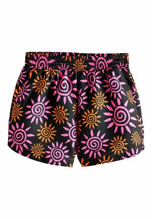 Sorte badeshorts med et farverigt spiral- og solmønster i pink, orange og gul. Har en elastisk talje for komfort.
