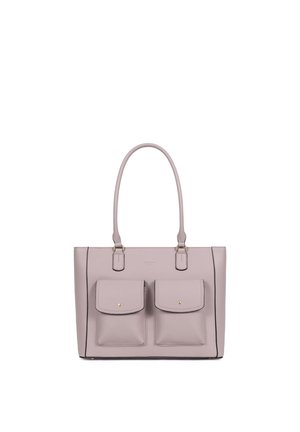 Lavendelkleurige leren handtas met twee voorvakken met klep, goudkleurige knoopsluitingen en dubbele schouderriemen.