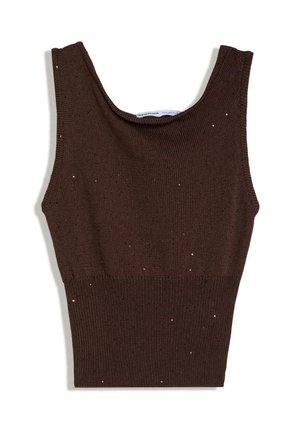 Crop top sans manches en maille marron foncé orné de petites sequins brillants répartis sur le tissu, avec un col rond.