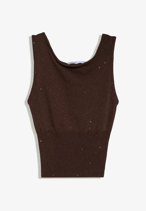 Mouwloze donkerbruine gebreide cropped top met kleine glanzende pailletten verspreid over de stof, met een ronde hals.