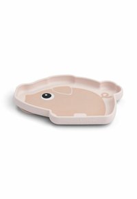Piatto a forma di maiale rosa realizzato in silicone. Presenta un bordo rialzato e una base piatta. Include un semplice design facciale con un grande occhio.