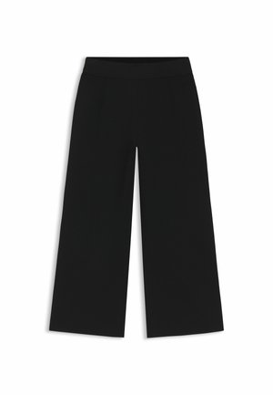 Wide-leg black trousers feature a smooth, stretchy fabric and an elastic waistband. Pants have two front pleats for subtle detailing.
