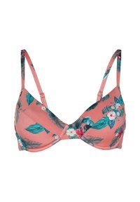Top da bikini corallo con spalline regolabili, motivo floreale con foglie verdi e fiori bianchi, texture liscia, forma triangolare.