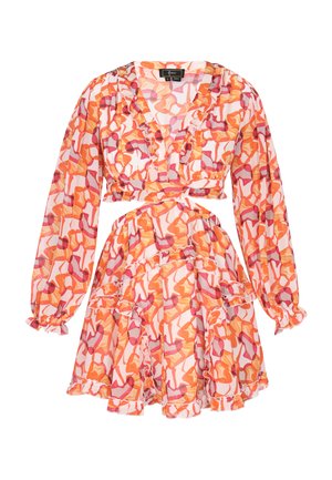 Lyhythihainen mekko läpikuultavasta kankaasta, jossa on monivärinen abstrakti kuvio oranssina, vaaleanpunaisena ja keltaisena. Mekossa on röyhelöreunat ja kietaisumalli.