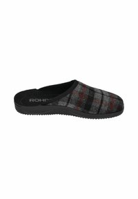 Gray and black checkered slip-on slipper in soft, fuzzy material with a black rubber sole and subtle red accents. Features a rounded toe.