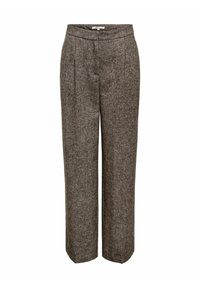 Brązowe, wysokie spodnie z szerokimi nogawkami z tweedu, z plisami z przodu i paskiem w talii, zaprojektowane dla kobiet.