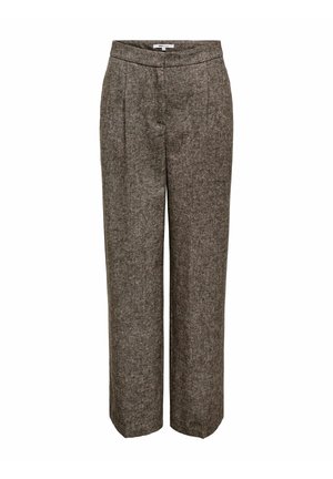 Augsta jostas brūnas tweed bikses ar plašām kājām, priekšējiem krokām un jostu, paredzētas sievietēm.