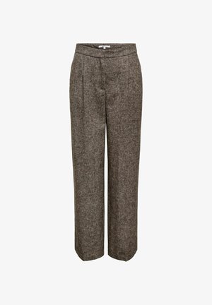 Küljed ja kõrge vöökohaga pruuni tweedist avara säärega püksid, millel on ees voldid ja vöökoht, mõeldud naistele.