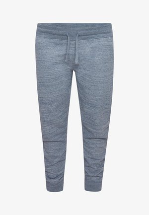 Šedé melírované teplákové nohavice s pásom na sťahovanie, zúženými nohavicami a rebrovanými manžetami. Mäkká textúra s jemnými horizontálnymi pruhmi.