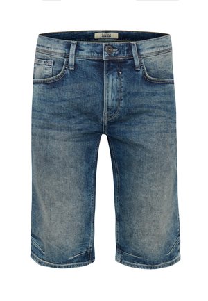 Short en jean bleu délavé avec fermeture à bouton, passants de ceinture, poches avant et jambes jusqu’aux genoux.