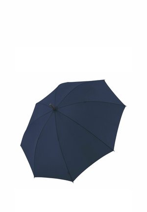 Geschlossener dunkelblauer Regenschirm mit einfachem Design, von unten betrachtet, zeigt das Dach und den zentralen Stab.