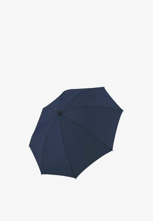 Geschlossener dunkelblauer Regenschirm mit einfachem Design, von unten betrachtet, zeigt das Dach und den zentralen Stab.