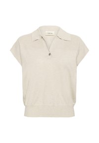 Lühikeste varrukatega beež kudumipolo, millel on klassikaline krae, ühe nööbiga kinnitamine ja soonikkoes detailid õlgadel ning äärel.