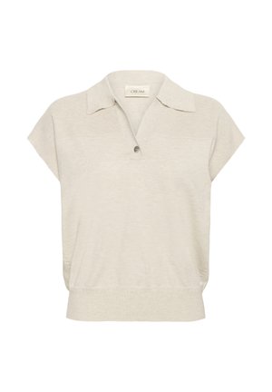 Šviesiai rudos spalvos trumpomis rankovėmis megztas polo marškinėliai su klasikiniu apykakle, turintis vieną mygtuką ir išryškintus juostelės elementus ant pečių ir apatinės dalies.