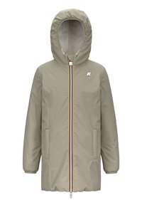 Giubbotto invernale beige per bambini con cappuccio, zip frontale, tasche laterali, polsini elastici e piccolo logo sul petto.