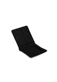 Black fabric wallet with multiple card slots and a zip pocket. Sleek design, flat shape, and smooth texture. Minimal branding visible.