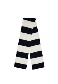 Dziany szalik z naprzemiennymi granatowymi i białymi paskami. Miękka tekstura, prostokątny kształt, z małym logo na jednym końcu.