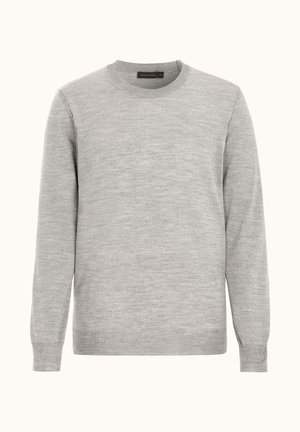 Lichtgrijze trui met ronde hals, lange mouwen en geribde manchetten en zoom, weergegeven tegen een effen achtergrond.