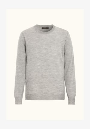 Lichtgrijze trui met ronde hals, lange mouwen en geribde manchetten en zoom, weergegeven tegen een effen achtergrond.