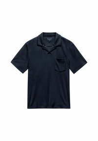Zwarte polo shirt van zachte katoen, met een kraag, korte mouwen en een borstzak, met een ontspannen pasvorm en een soepele textuur.