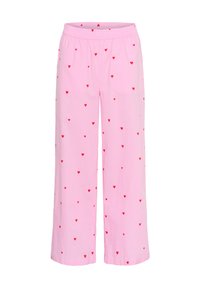 Roze pyjamabroek met een elastische tailleband, voorzien van een patroon van kleine rode hartjes die gelijkmatig zijn verdeeld. Lichtgewicht, ruime pasvorm.