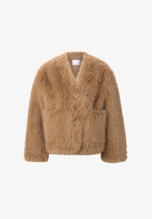 Brown faux fur jacket featuring a v-neck, double-breasted buttons, two front pockets, and a soft, fluffy texture.