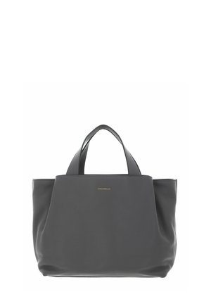 Schwarze Ledertasche mit doppelten Henkeln und kleinem goldfarbenem „Coccinelle“-Logo, zentriert nahe der Oberseite.