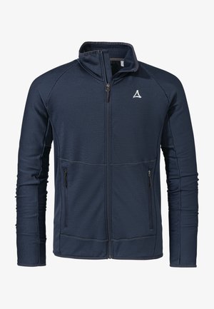 Marineblaue Zip-Jacke aus strukturiertem Stoff. Mit hohem Kragen, zwei Vorderstaschen mit Reißverschlüssen und einem kleinen Logo auf der Brust.