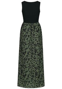Maxi šaty s přiléhajícím černým tělem a splývavou zelenou sukní s černým leopardím vzorem. Hladká textura, bezrukávový design.