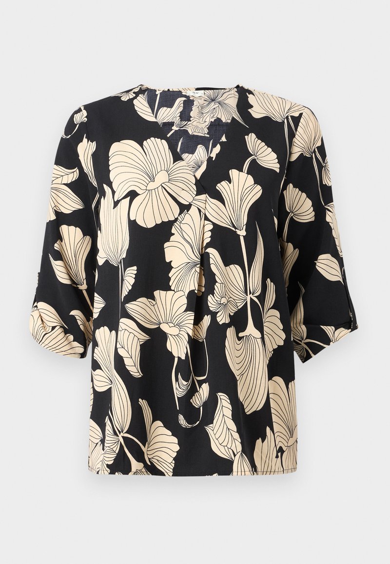 Zwarte blouse met een bloemenpatroon in beige, gemaakt van lichte stof. Het heeft een ontspannen pasvorm en korte mouwen met een subtiele plooidetail.