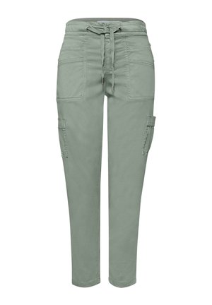 Hellgrüne Cargo-Hosen mit Kordelzug in der Taille, vorderen aufgesetzten Taschen und seitlichen Gebrauchstaschen, von vorne auf weißem Hintergrund gezeigt.