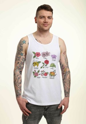 Witte tanktop met kleurrijke bloemmotieven en tekst. Materiaal: katoen; ontwerp: mouwloos; texturen: glad; graphics bevatten verschillende bloemen.