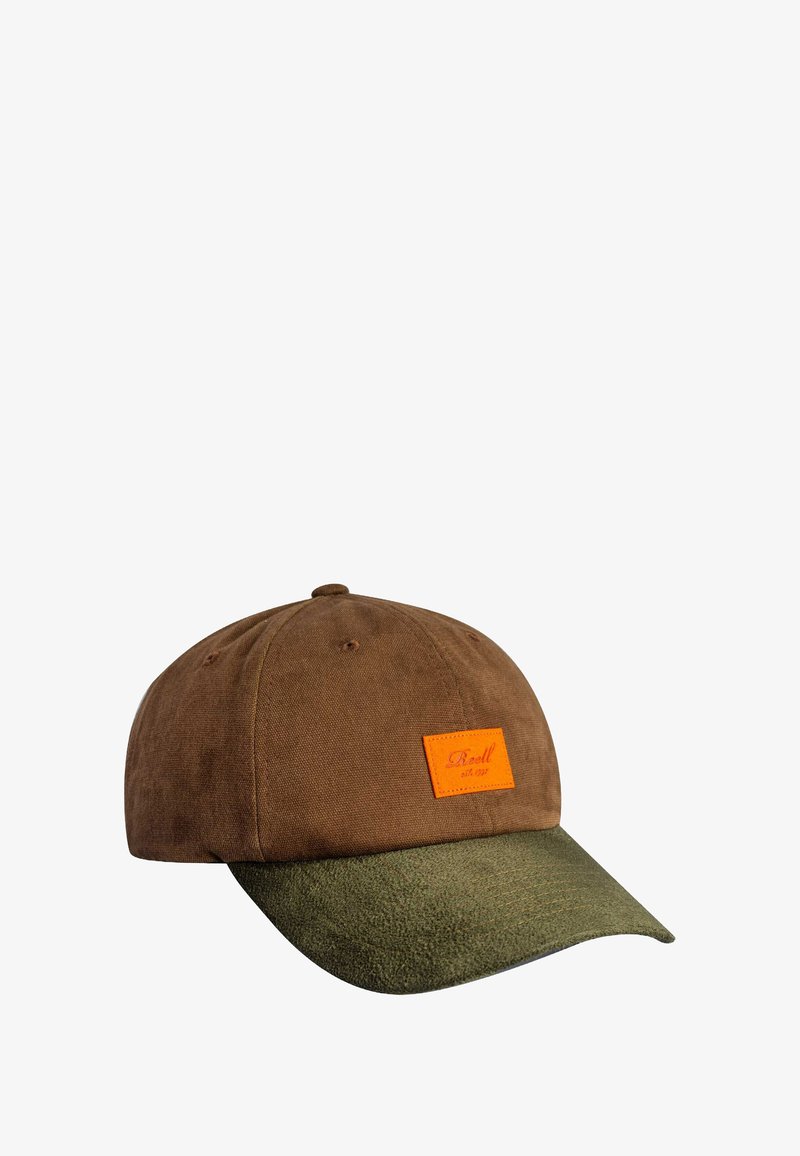 Brown fabric baseball cap with a green, textured brim and an orange rectangular label on the front, displaying brand details.