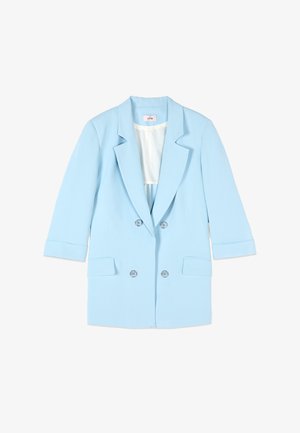 Hellblaues zweireihiges Sakko mit spitzem Revers, vier Knöpfen, zwei vorderen Pattentaschen und dreiviertellangen Ärmeln.