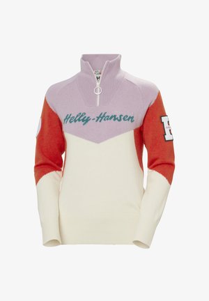 Farbenfroher gestrickter Pullover in Lila, Creme und Orange. Merkmale einen hohen Kragen, einen Reißverschluss und ein Logopatch am Ärmel. Weicher Stoff.