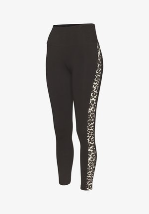 Black leggings with a high waistband, featuring a leopard print panel along the outer side. Made from soft, stretchy material.